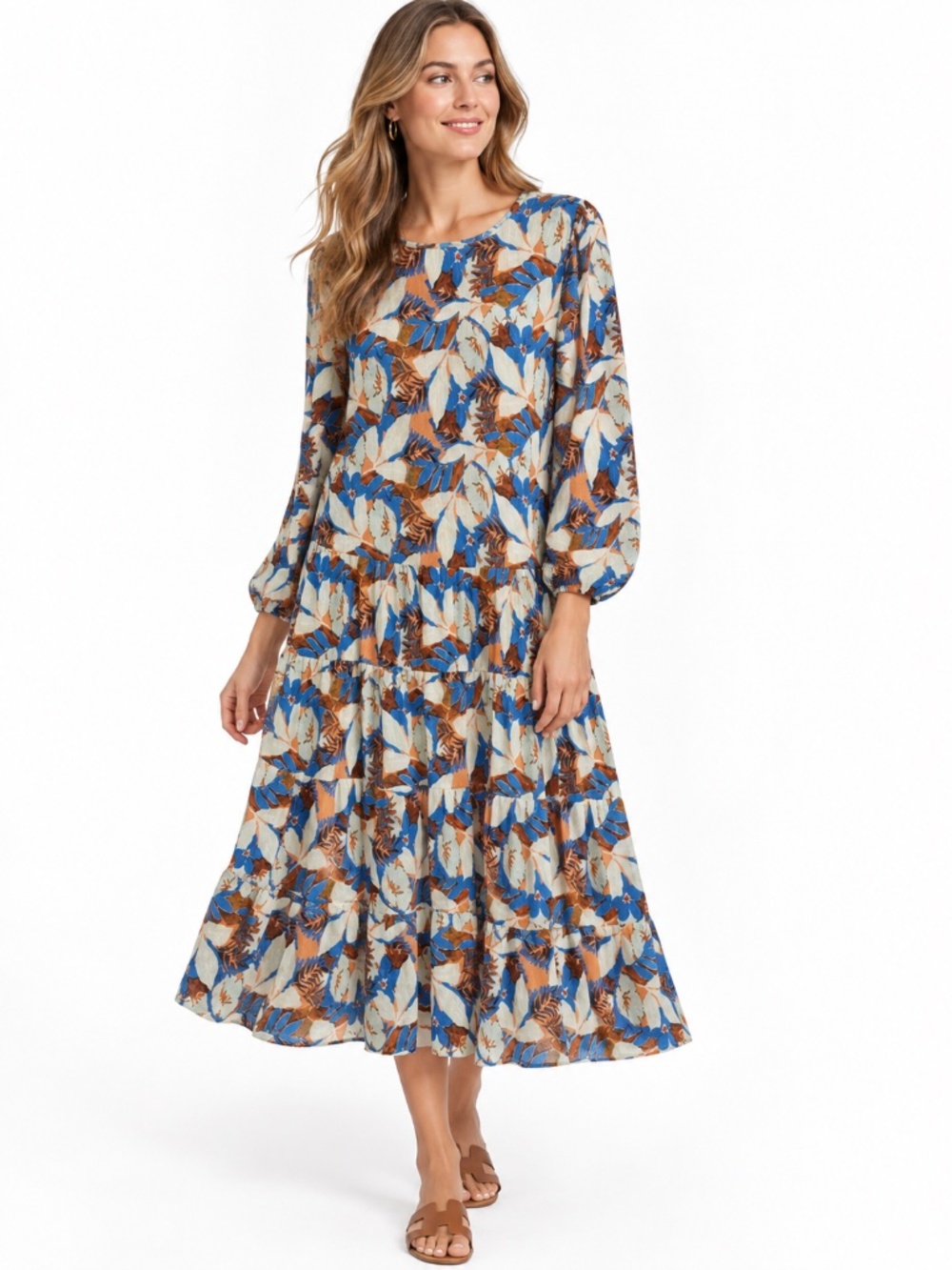 Zara Blue Brown Floral Tiered Long Sleeve Boho Midi Dress Women's M